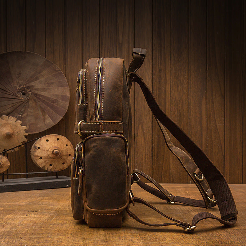 leather wide shoulder strap travel cowhide backpack