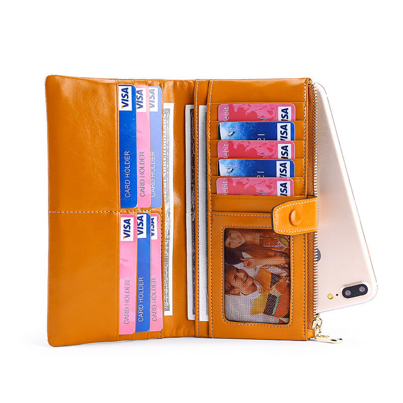 womens real leather long multiple card slots hand held retro oil wax skin coin purse