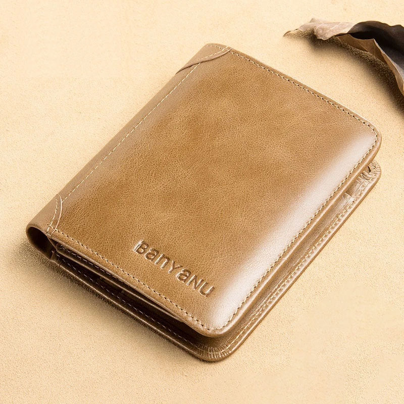 mens short matte leather tri fold vertical wallet