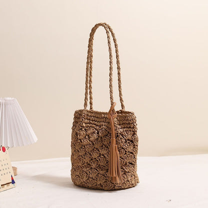 fashion tassel shoulder straw bag fan hollow beach bag