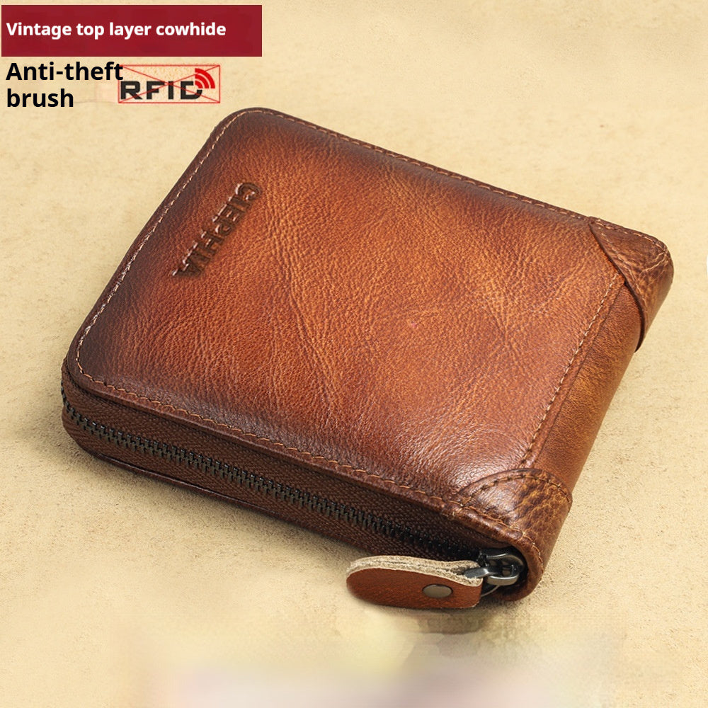 mens wallet leather short anti theft swiping zipper multifunctional