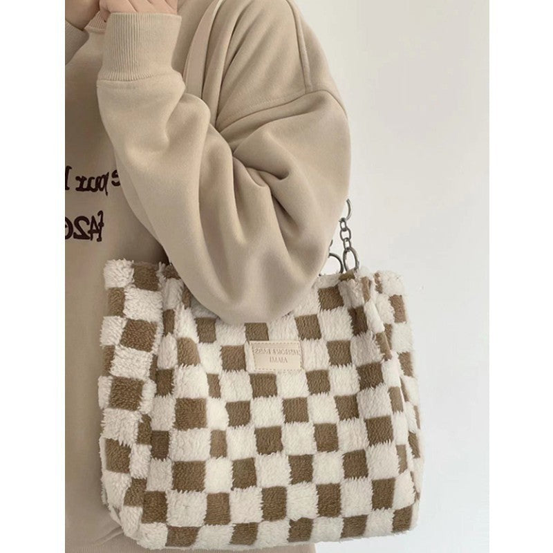 large capacity plush bag womens new plaid shoulder