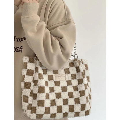 large capacity plush bag womens new plaid shoulder