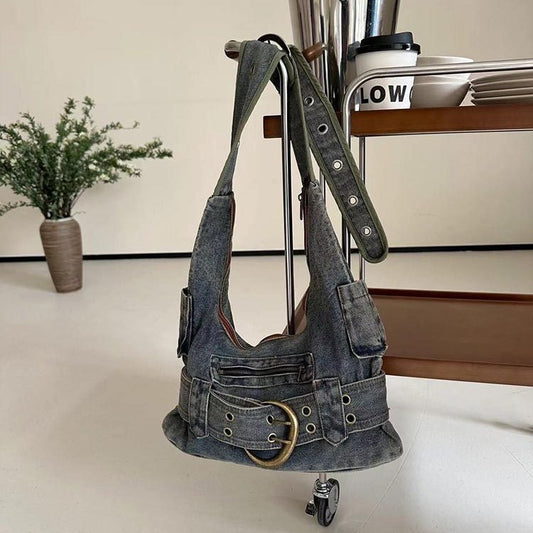 special interest design vintage washed denim shoulder bag