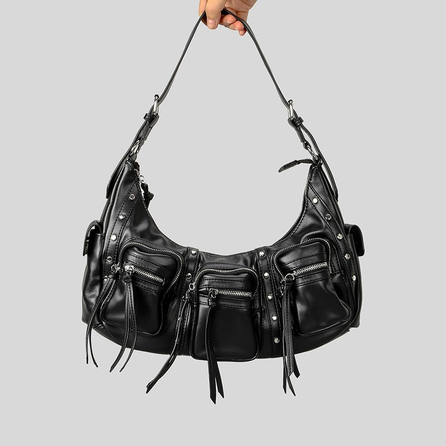 one shoulder punk tassel large capacity motorcycle bag women