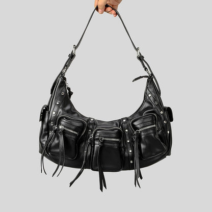 one shoulder punk tassel large capacity motorcycle bag women