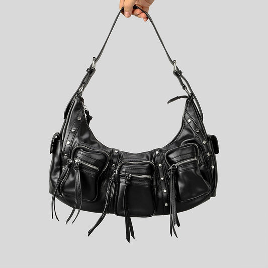 one shoulder punk tassel large capacity motorcycle bag women