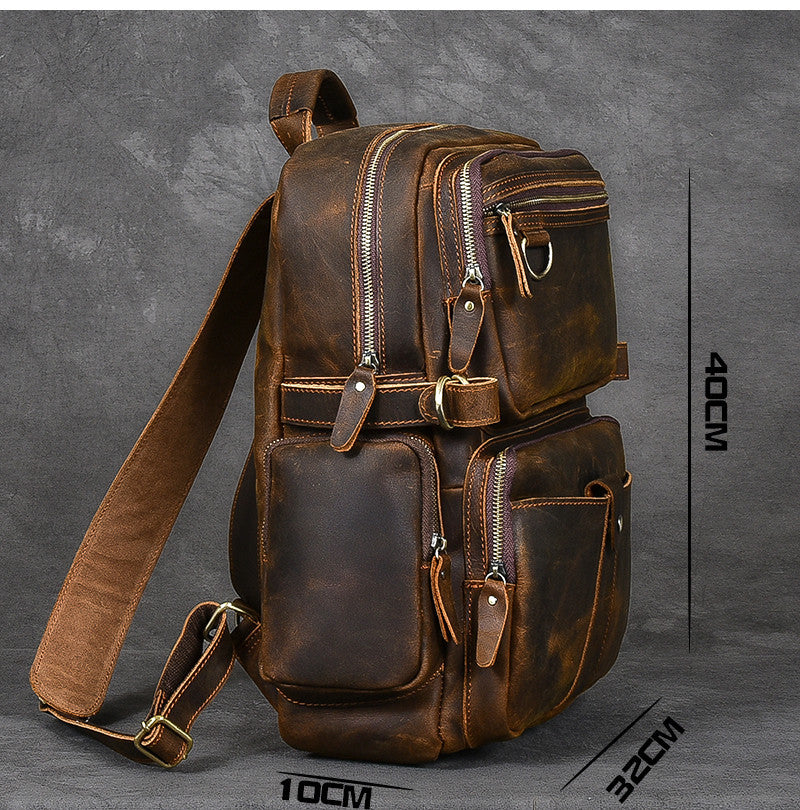 leather wide shoulder strap travel cowhide backpack