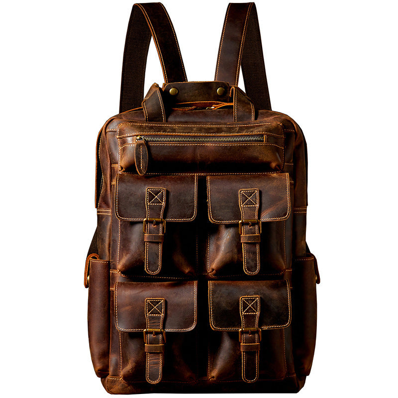 mens large capacity retro outdoor travel leather backpack