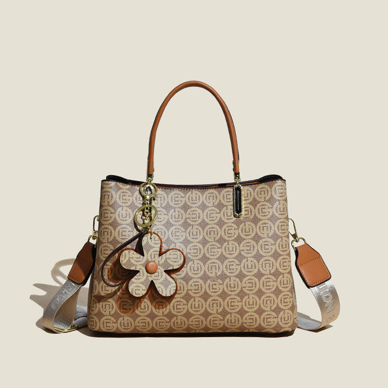 printed tote bag with flower pendant new temperament shoulder bag for women fashion large capacity crossbody bag