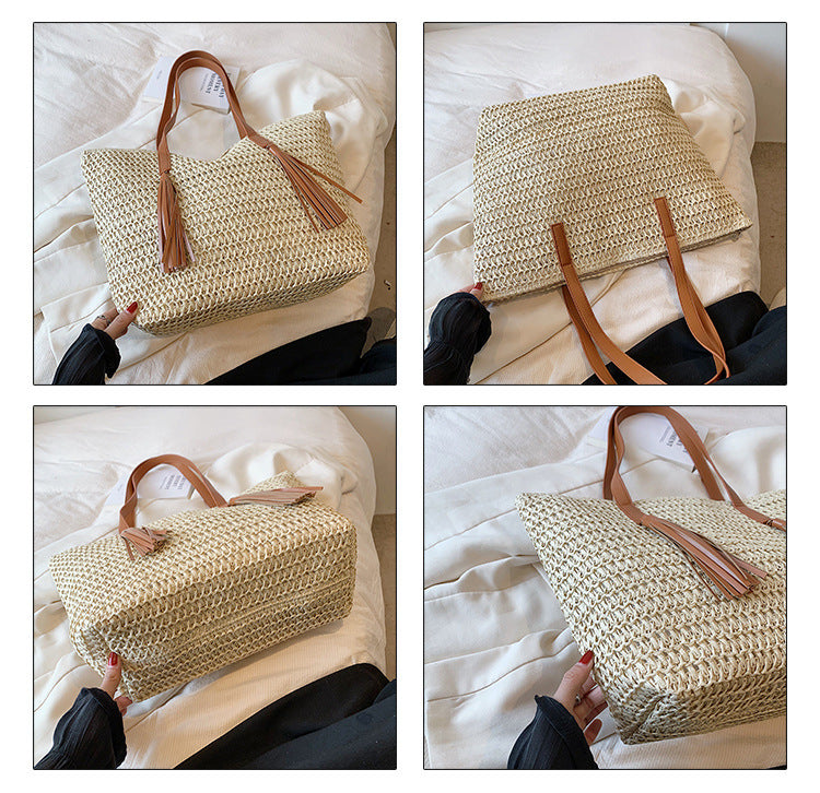 high grade large capacity woven shoulder bag for women