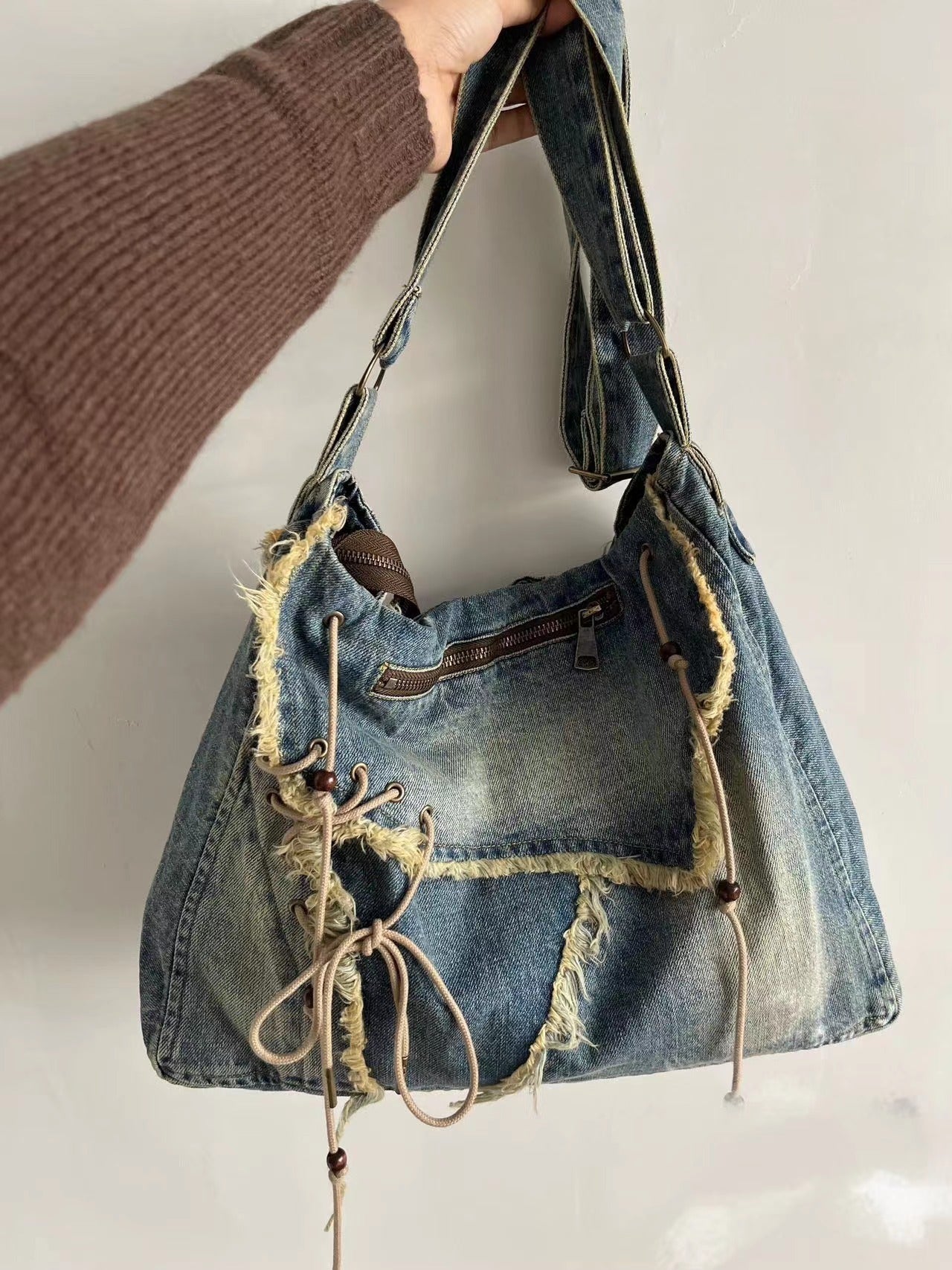 vintage denim washed brushed tassel messenger bag