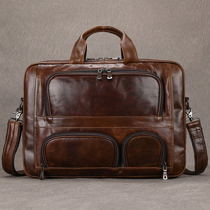 mens leather briefcase three compartment large capacity business handheld cowhide 17 inch commuter computer bag