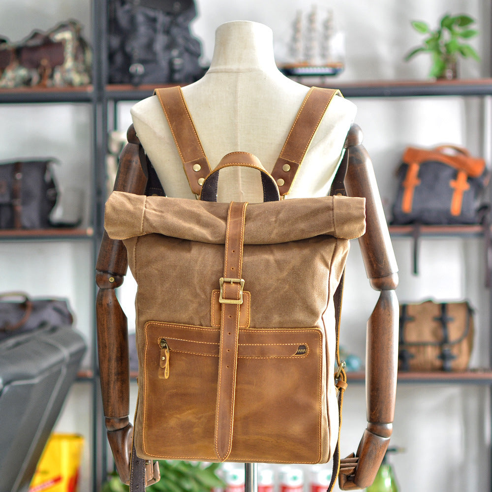 new simple retro wax canvas backpack mens casual leather