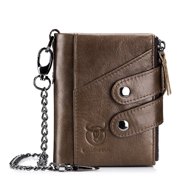 mens genuine leather retro zipper tri fold cowhide wallet