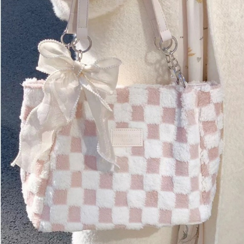 large capacity plush bag womens new plaid shoulder