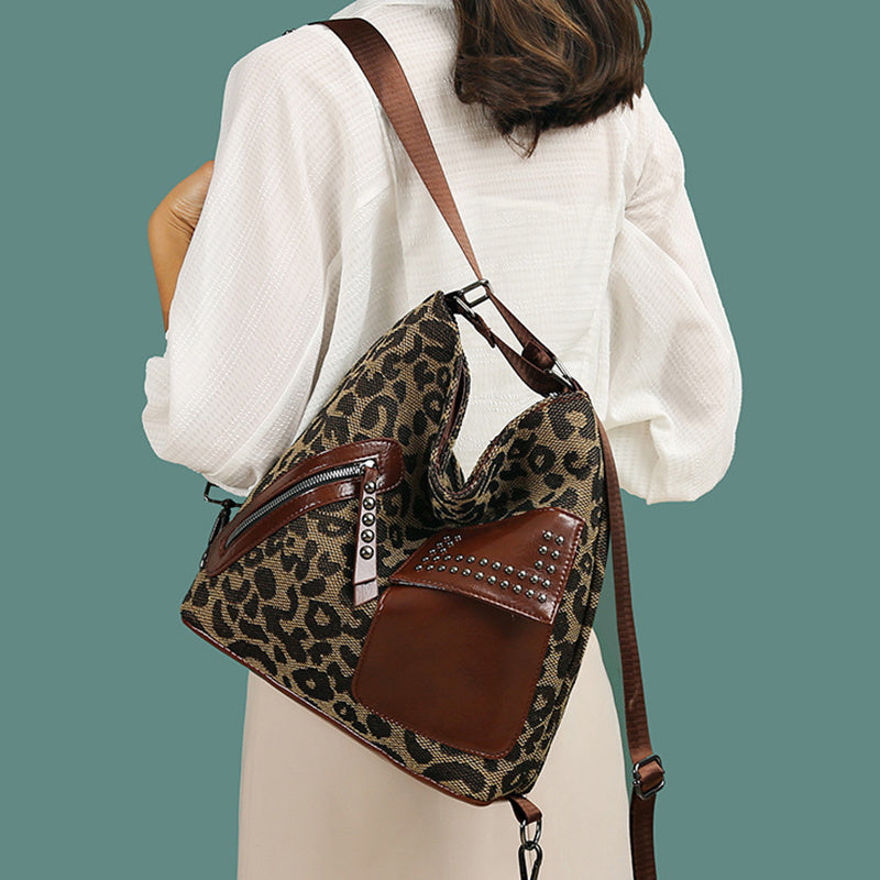 houndstooth backpack women fashion rivet design leopard shoulder bags