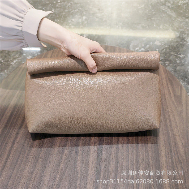 simple leather curling large capacity handbag