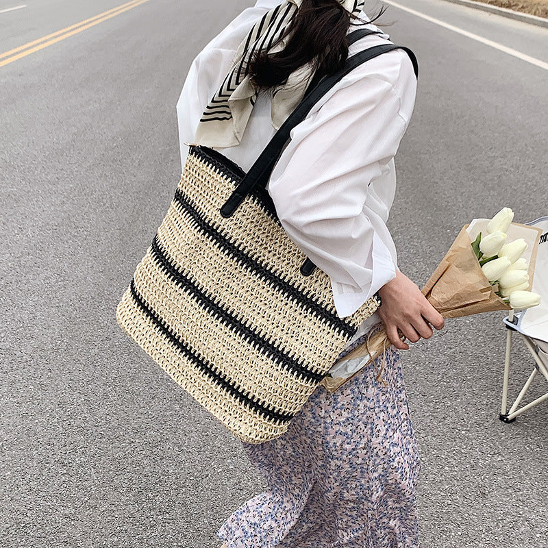 striped large capacity casual handbag summer straw bags