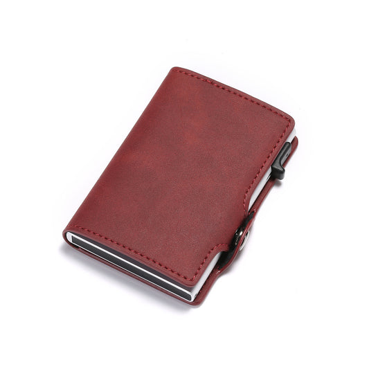 retro style horse leather aluminum alloy side push test card holder wallet