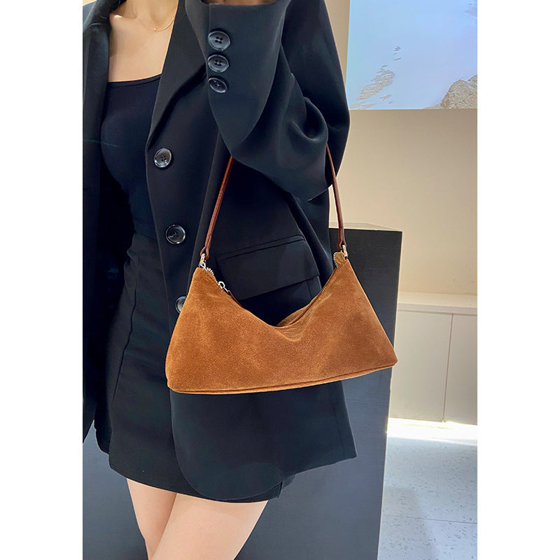 niche suede underarm baguette retro matte top grain leather shoulder bag handbag