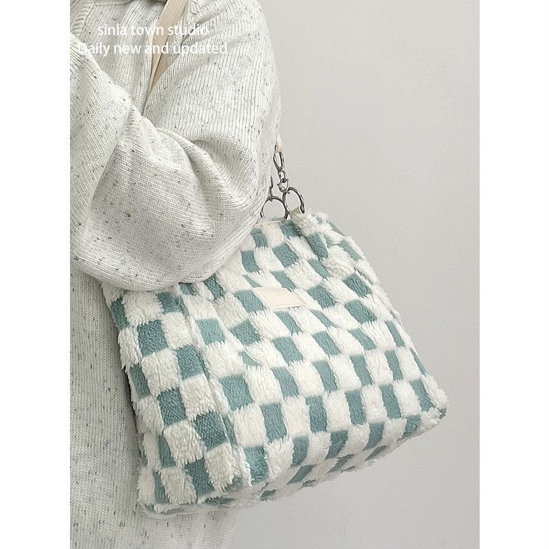 large capacity plush bag womens new plaid shoulder