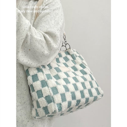 large capacity plush bag womens new plaid shoulder