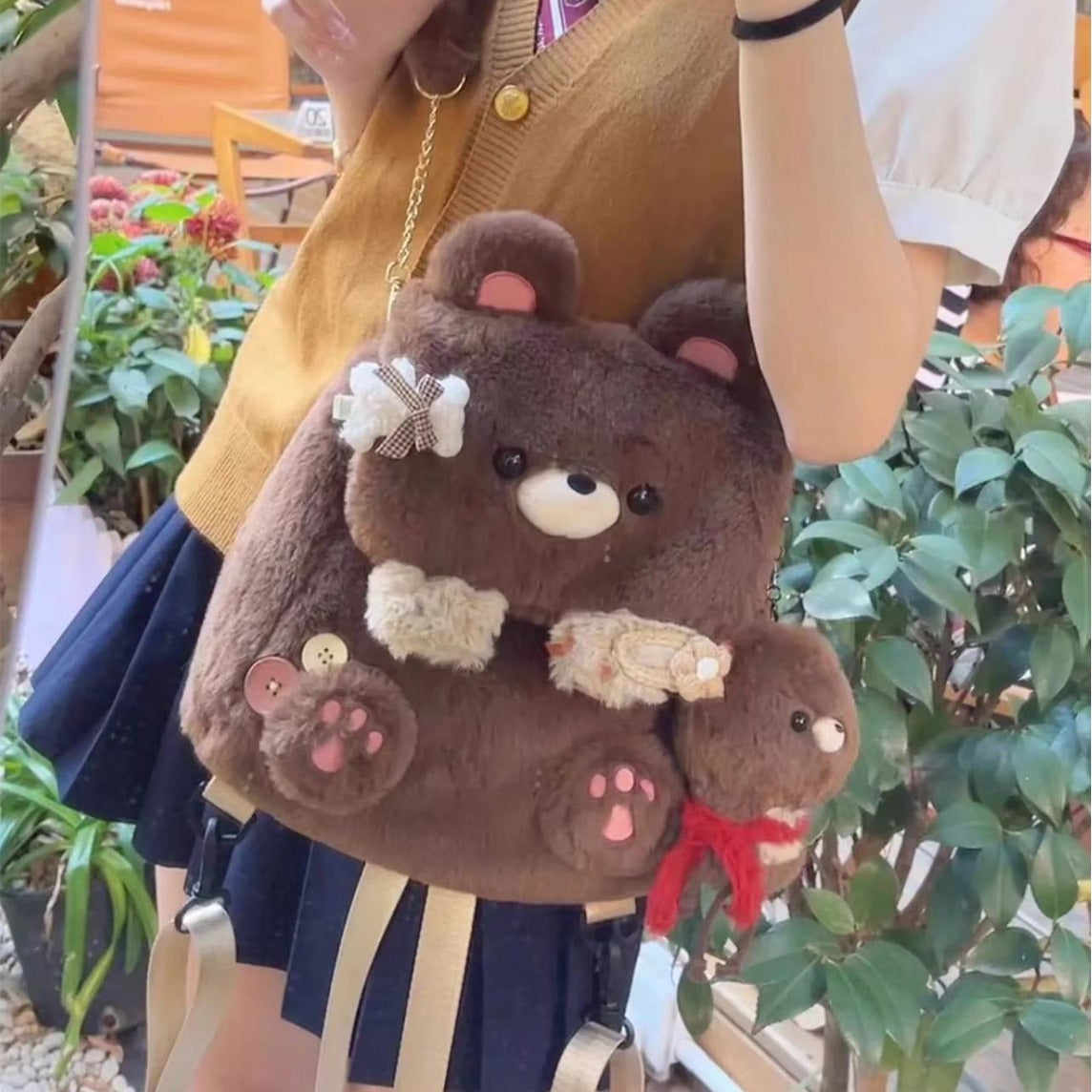 large capacity cute personality plush bear backpack for women