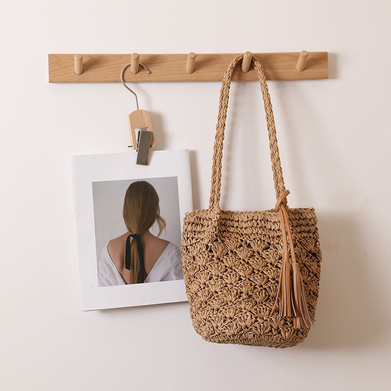 fashion tassel shoulder straw bag fan hollow beach bag
