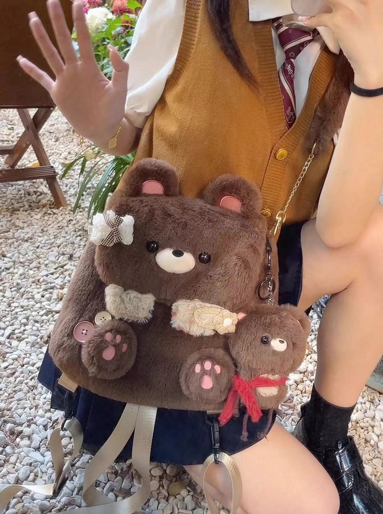 large capacity cute personality plush bear backpack for women