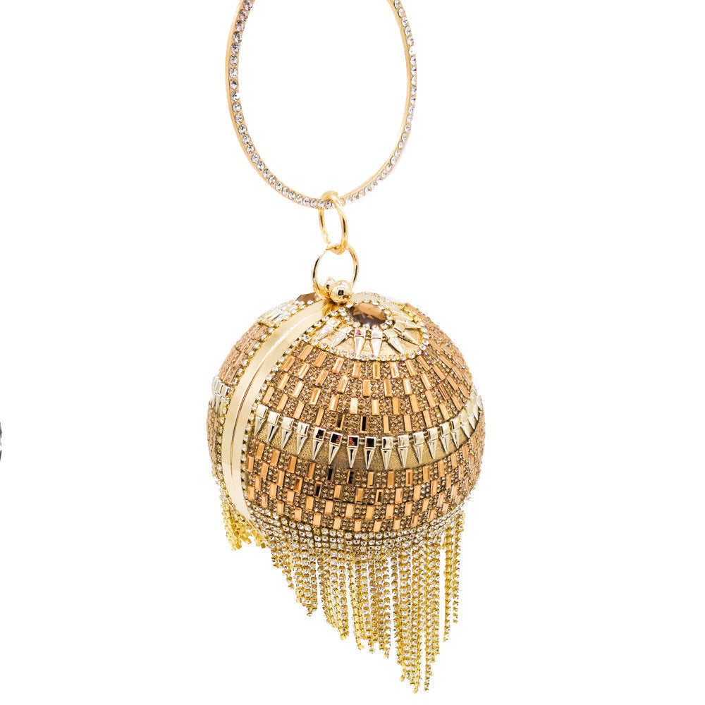 round dinner bag with diamond stickers spherical tassel bag hot diamond handbag chain bag