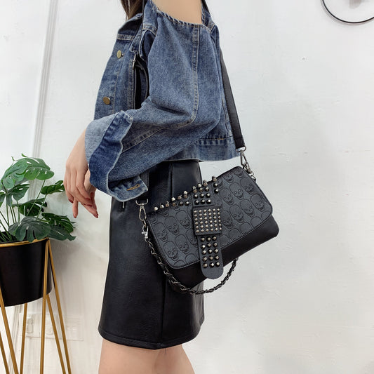 Womens Rivet Embossed Black Skull Shoulder Crossbody Bag