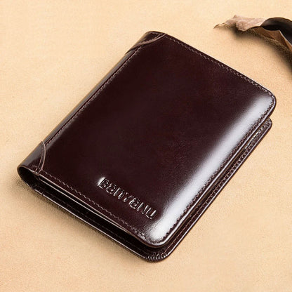 mens short matte leather tri fold vertical wallet