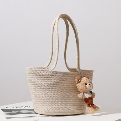 womens fashion casual cotton thread shoulder straw bag