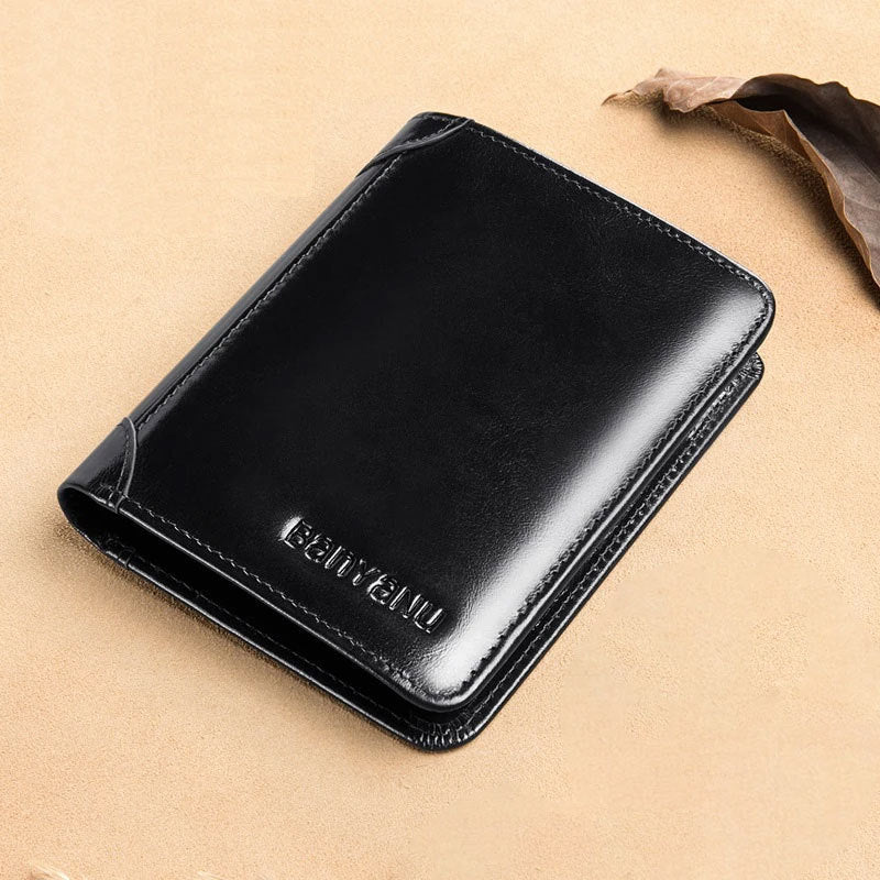 mens short matte leather tri fold vertical wallet