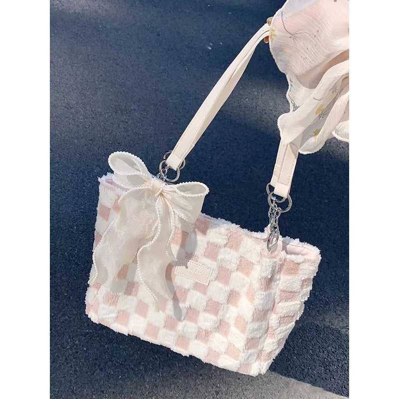 large capacity plush bag womens new plaid shoulder