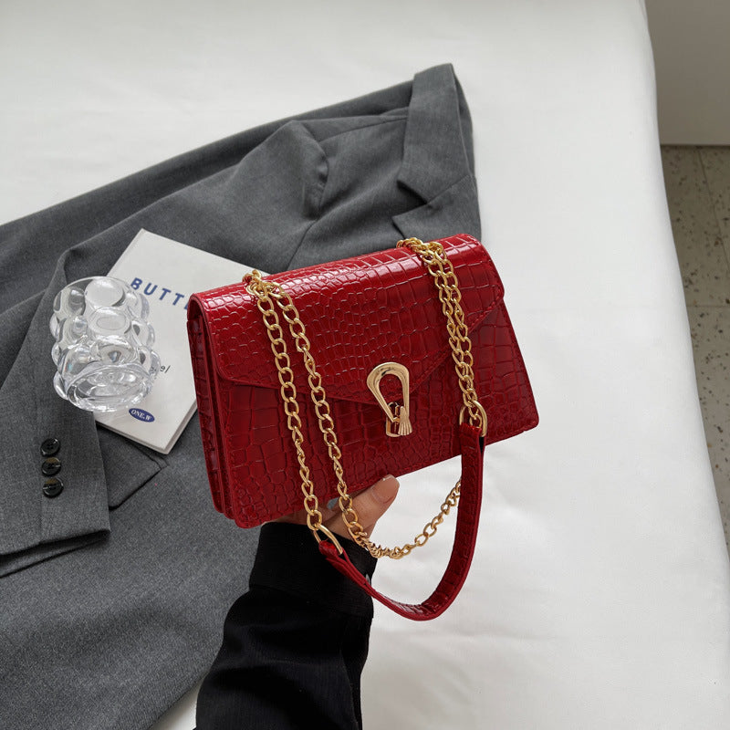 Womens Solid-Color Versatile Crocodile-Print Chain Crossbody Bag