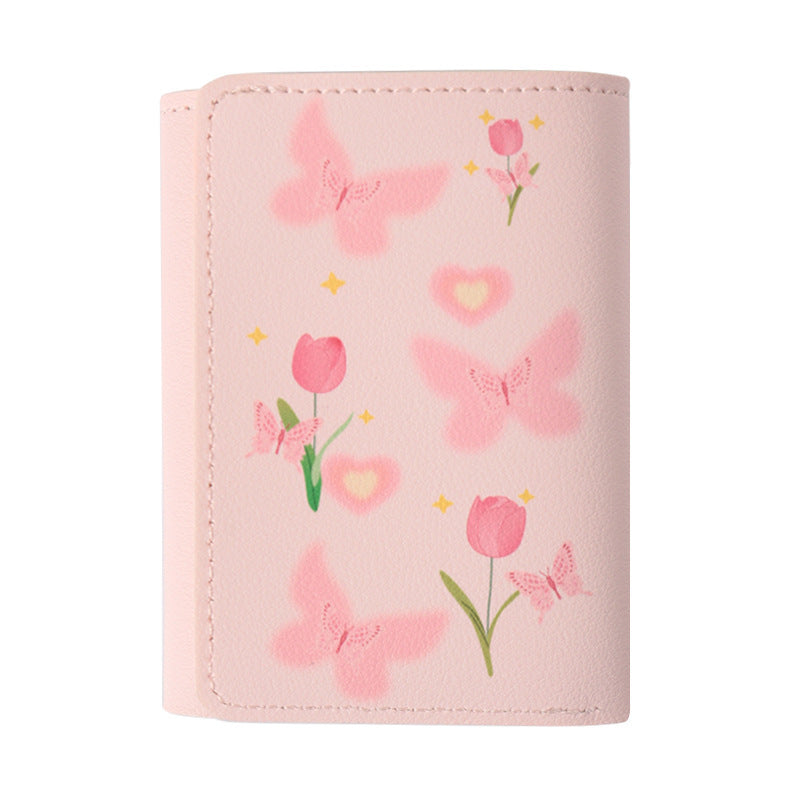 butterfly patterned short style three fold wallet multifunction