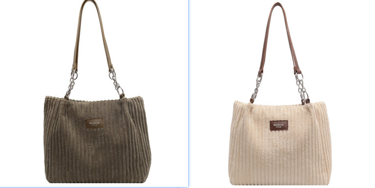 Casual Simple Portable Shopper Tote Bag Corduroy Solid Commuter Zipper Women's Handbag