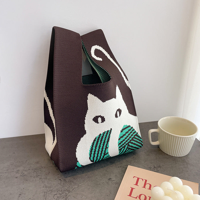 Cute Cartoon Wool Kitty Knitted Bag Women's Off-street Handbag