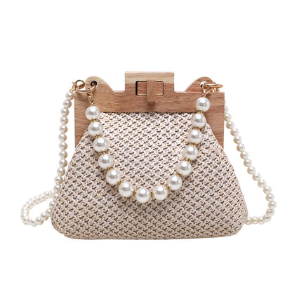 womens straw beach pearl chain woven shoulder bag