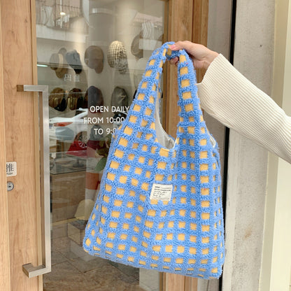 waffle-flannel-bag-tote-bag-large-capacity-commute-minimalist-student-class-bag
