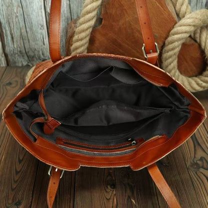 Vintage Embossed Full-Grain Leather Large-Capacity Tote Bag