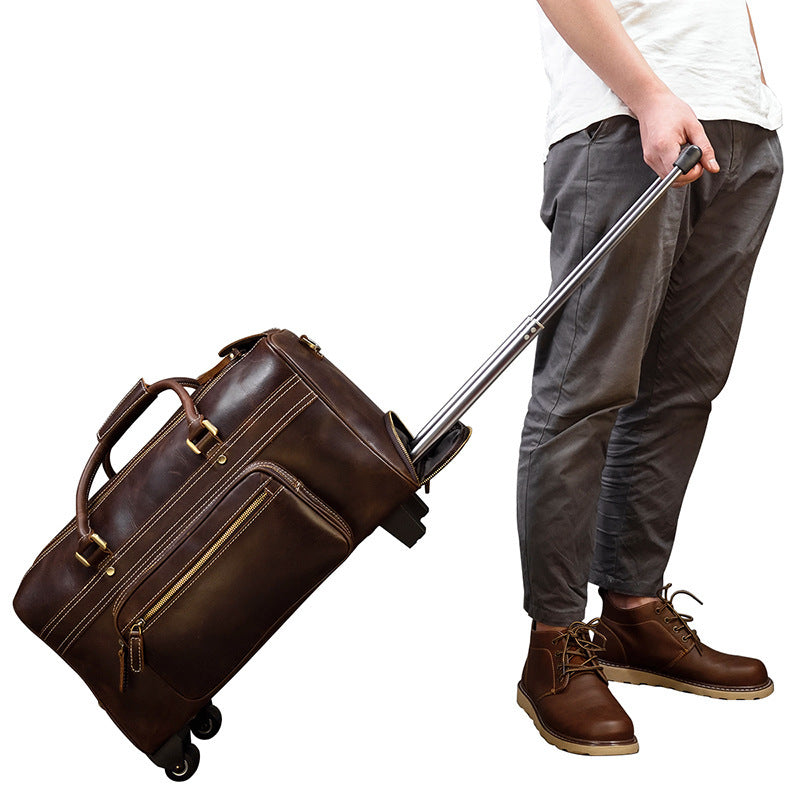 mens genuine leather trolley case retro leather travel bag