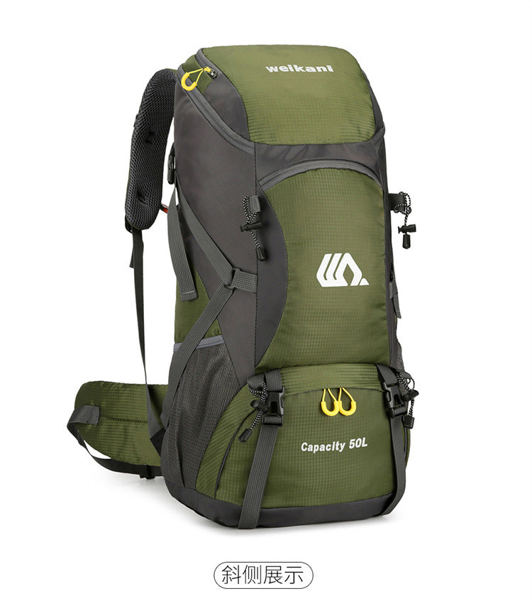 men and women on foot camping bag