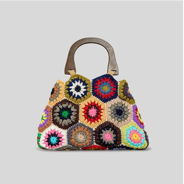 spring and summer new grandma plaid women bamboo handle patchwork retro contrast color cotton braided handbag