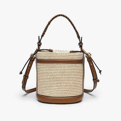 Brown Cylindrical Tote Bag With Dual Handles, Designed For Handheld Or Crossbody Wear