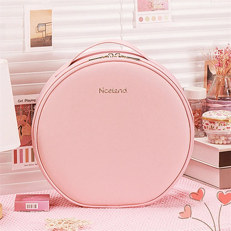 round smart led makeup bag with mirror lights women beauty bag large capacity pu leather travel organizers cosmetic case