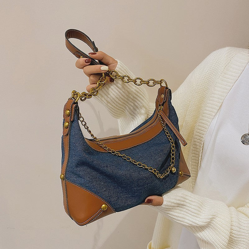 fashion versatile chain denim one shoulder handbag