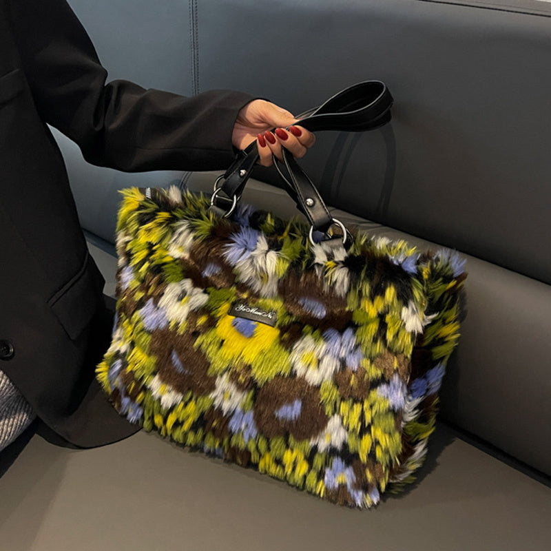 winter plush bags women flowers shoulder bag handbag